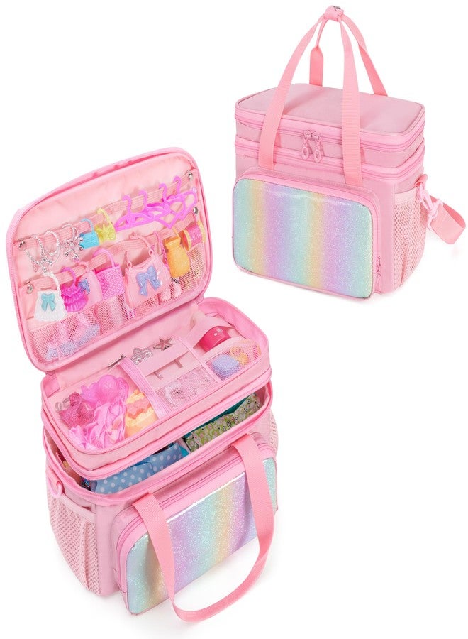 GRAOSO Carrying Case Compatible with Doll Clothes, Doll Accessories Storage Organizer, Double Layer Design, with Handle and Detachable Shoulder Strap, Case only (Pink) - Image 1